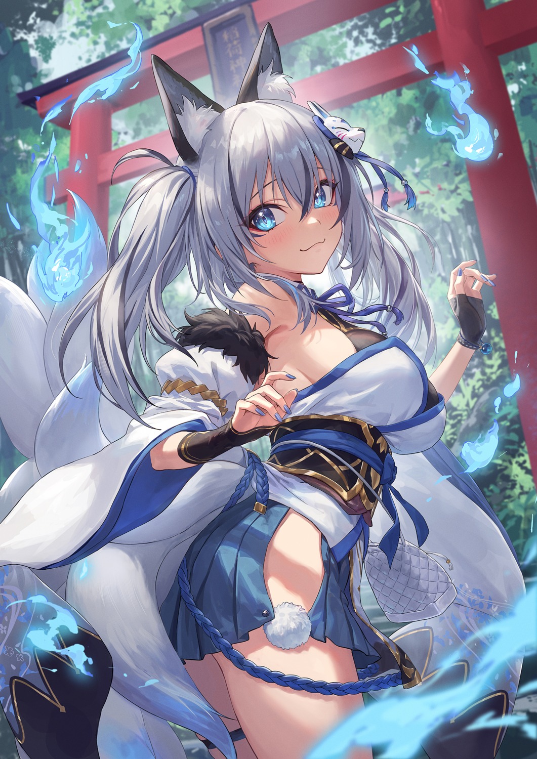 animal_ears, garter, guchico, inari_iroha, japanese_clothes, kitsune, no_bra, noripro, tail