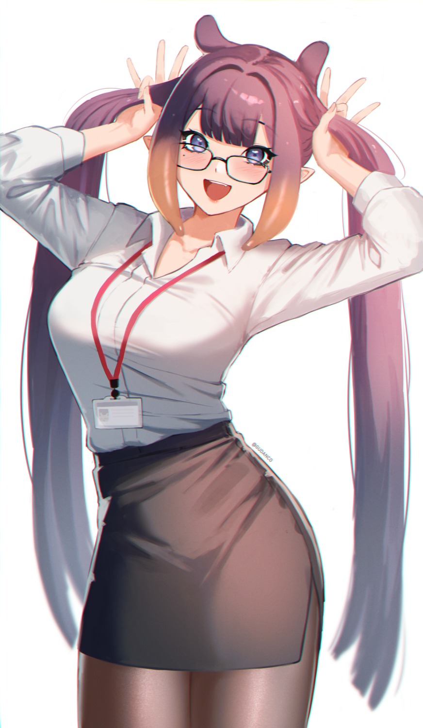 animal_ears, dress_shirt, gudanco_(nyanmeowzer), hololive, hololive_english, megane, ninomae_ina'nis, pantyhose, pointy_ears