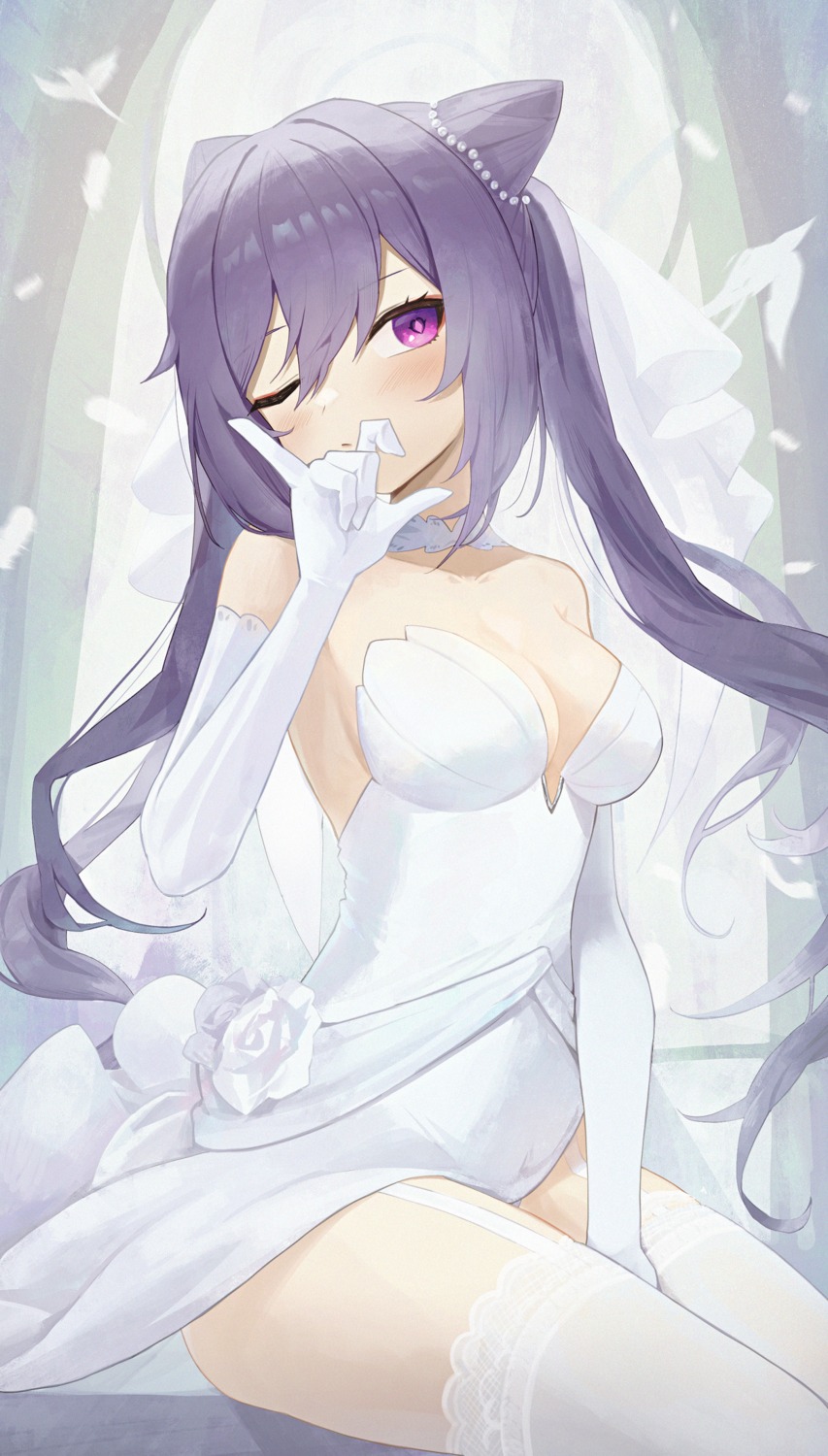dress, genshin_impact, keqing, no_bra, pellas_(panix2383), stockings, thighhighs, wedding_dress