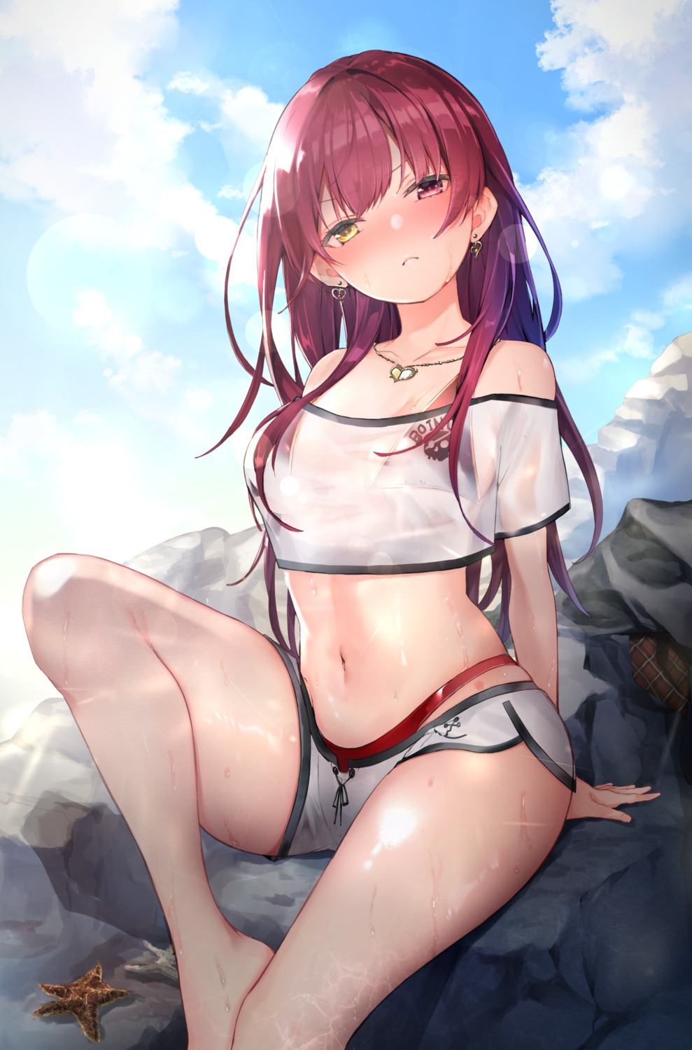 bikini, enomoto_nao, heterochromia, hololive, houshou_marine, see_through, swimsuits, wet, wet_clothes