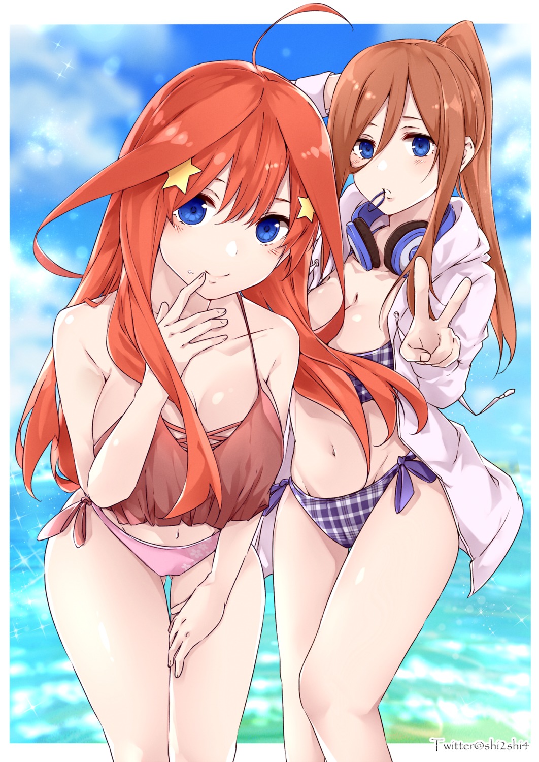 5-toubun_no_hanayome, bikini, headphones, nakano_itsuki, nakano_miku, open_shirt, shi-2, swimsuits