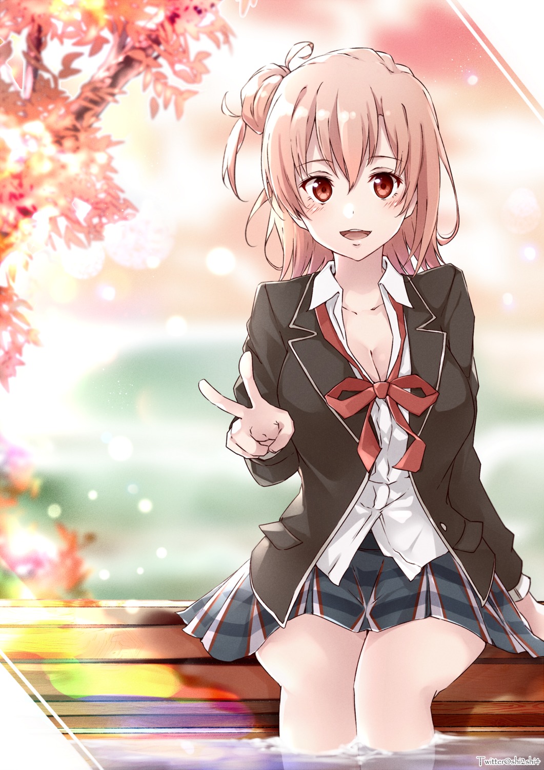 cleavage, onsen, seifuku, shi-2, wet, yahari_ore_no_seishun_lovecome_wa_machigatteiru., yuigahama_yui