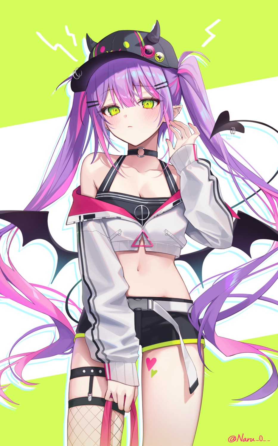 fishnets, garter, hololive, horns, naru_0, pointy_ears, stockings, tail