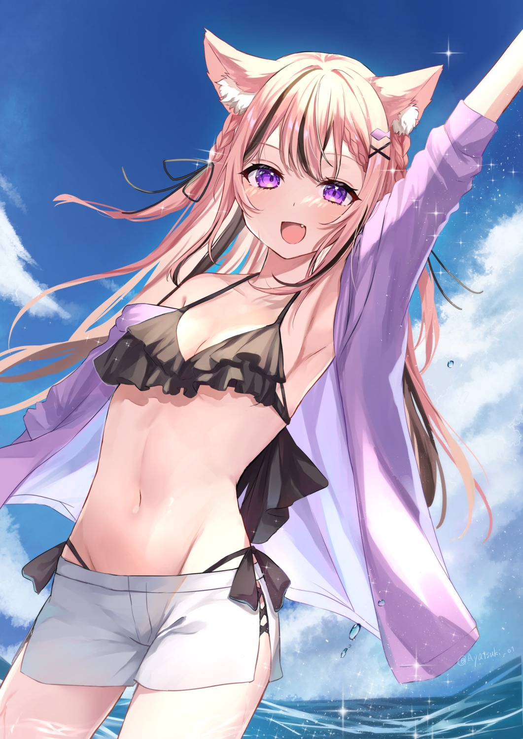 animal_ears, ayatsuki_hina, bikini, nekomimi, open_shirt, swimsuits, wet