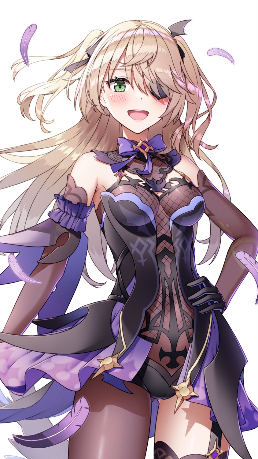 eyepatch, fischl, fishnets, genshin_impact, no_bra, rankebu, stockings, thighhighs
