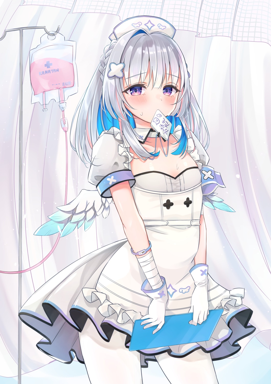 amane_kanata, hololive, null_illust, nurse, pantyhose, wings