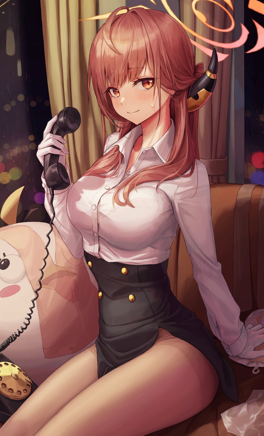 blue_archive, bra, dress_shirt, halo, hamstarhand, horns, pantyhose, rikuhachima_aru, see_through