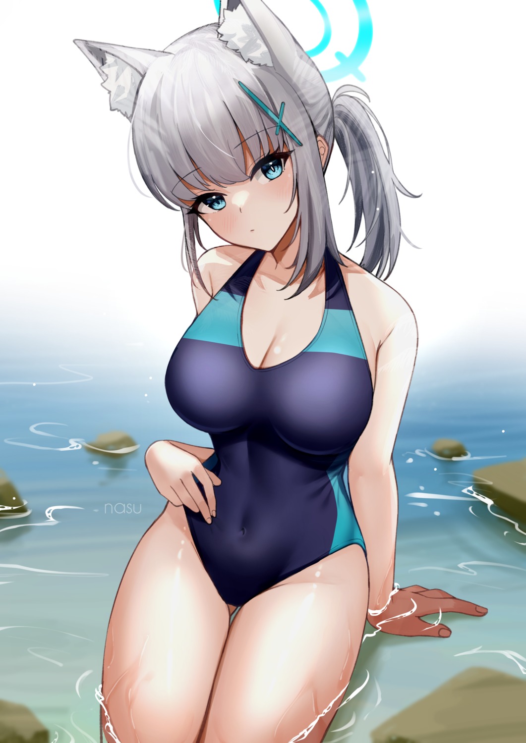 animal_ears, blue_archive, cleavage, halo, nassss, nekomimi, sunaookami_shiroko, swimsuits