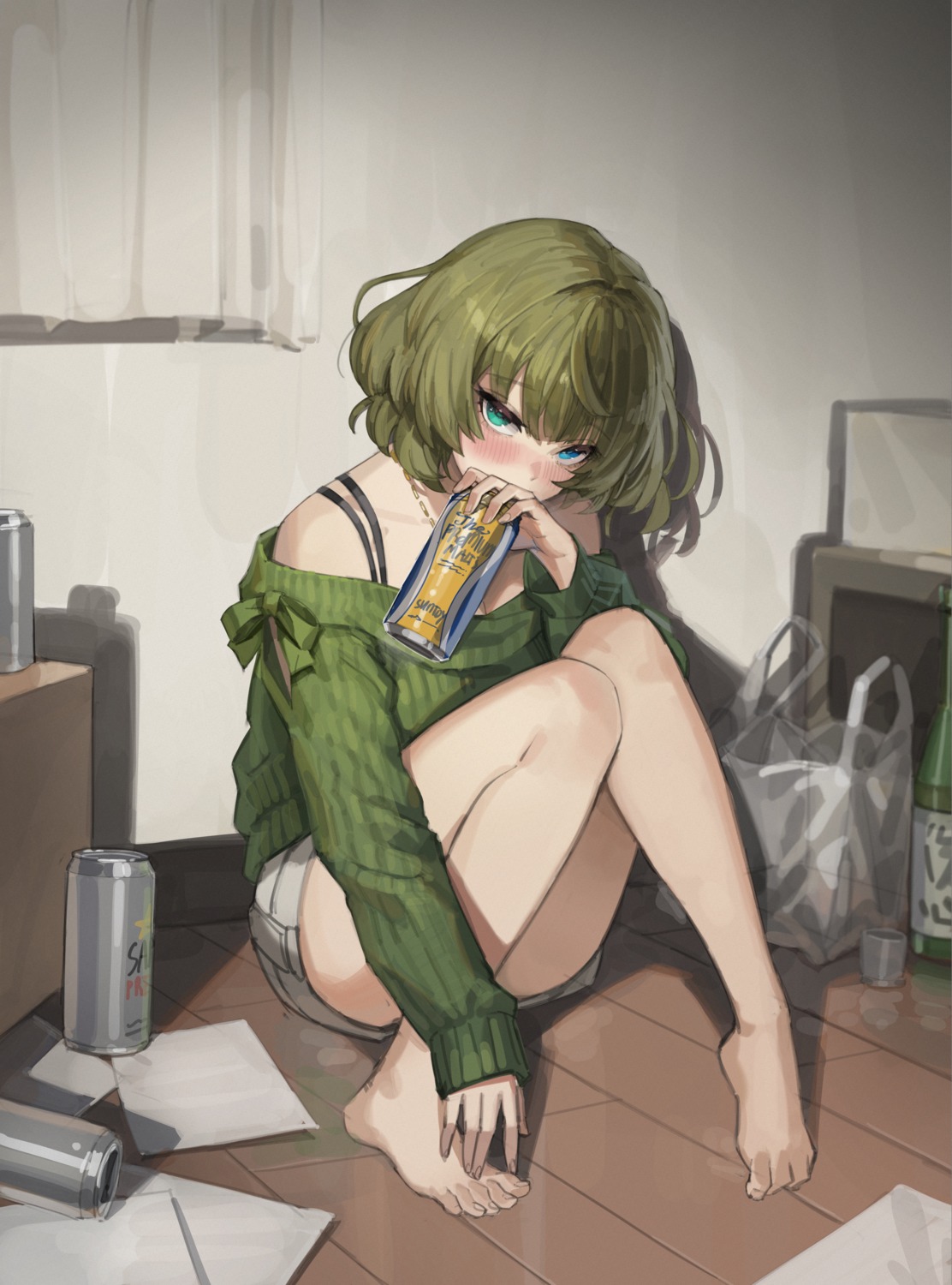 feet, heterochromia, maenoo, sweater, takagaki_kaede, the_idolm@ster, the_idolm@ster_cinderella_girls