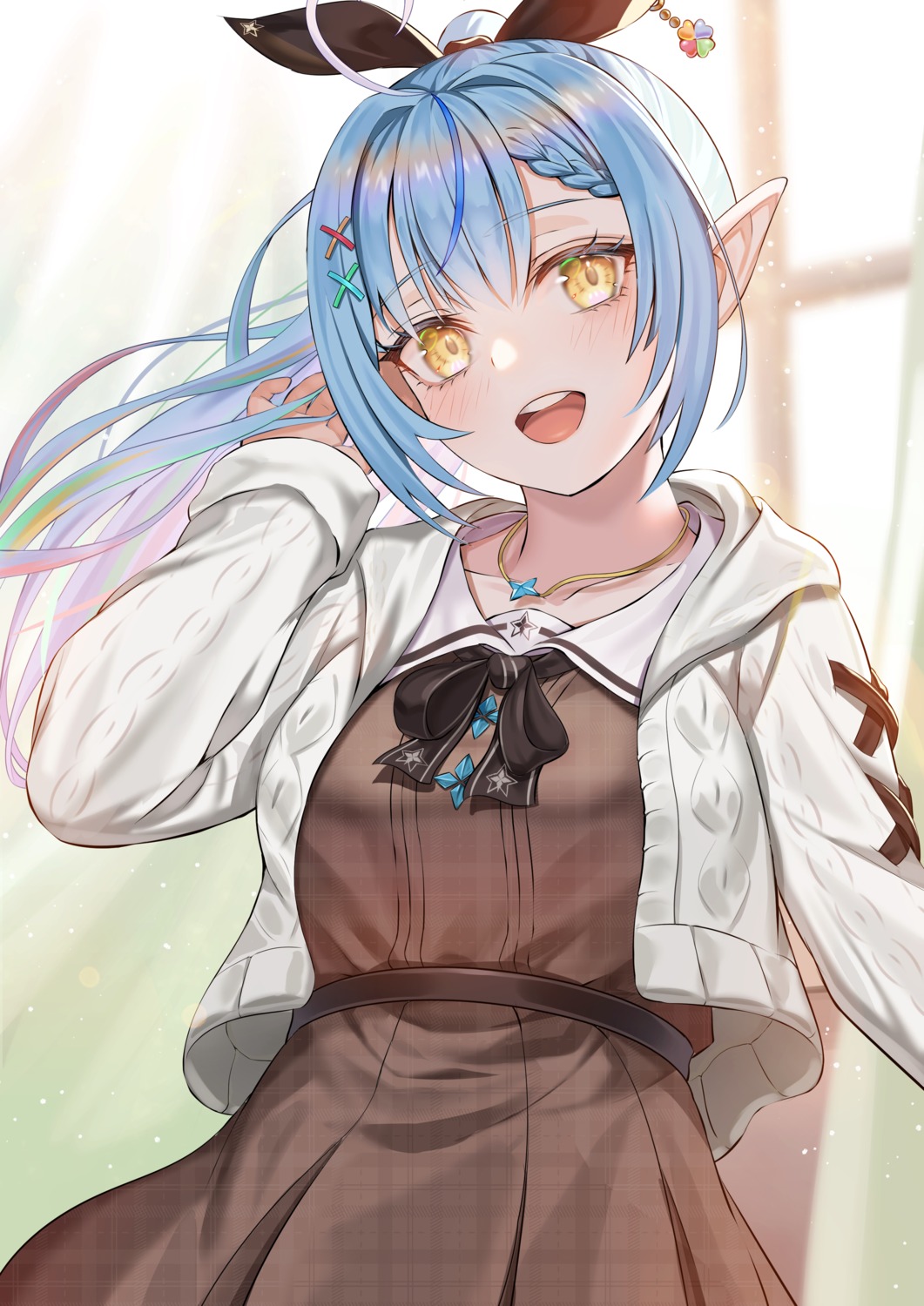 ebinomi, elf, hololive, pointy_ears, seifuku, sweater, yukihana_lamy