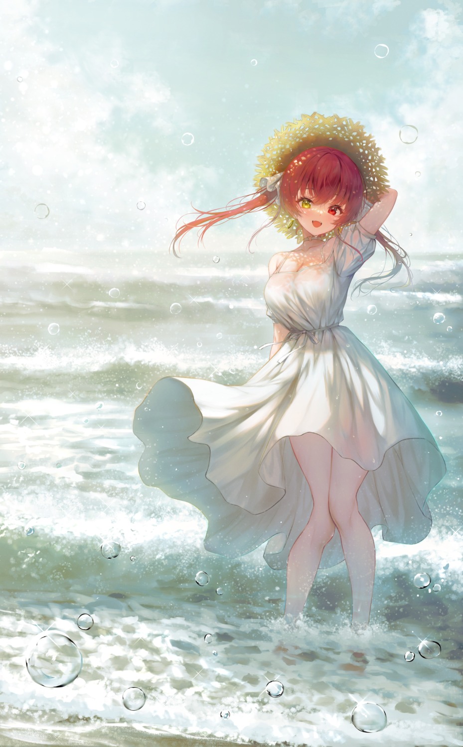dress, heterochromia, hololive, houshou_marine, ijac_ray, summer_dress, wet