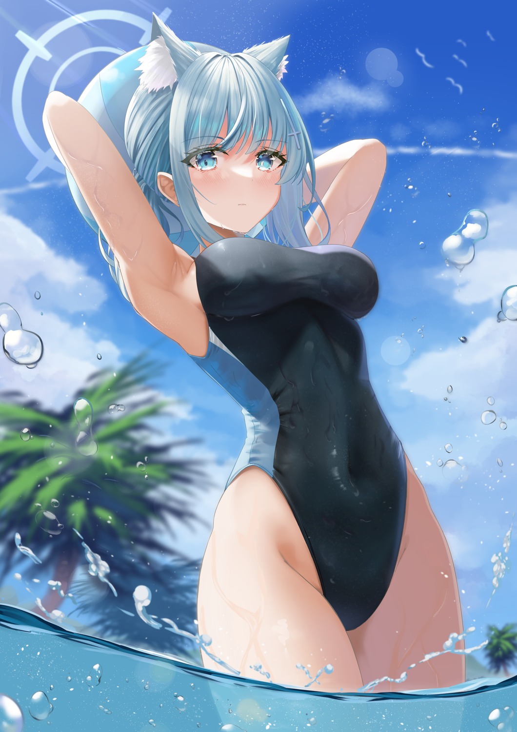 animal_ears, arikawa_rui, blue_archive, halo, nekomimi, sunaookami_shiroko, swimsuits, wet
