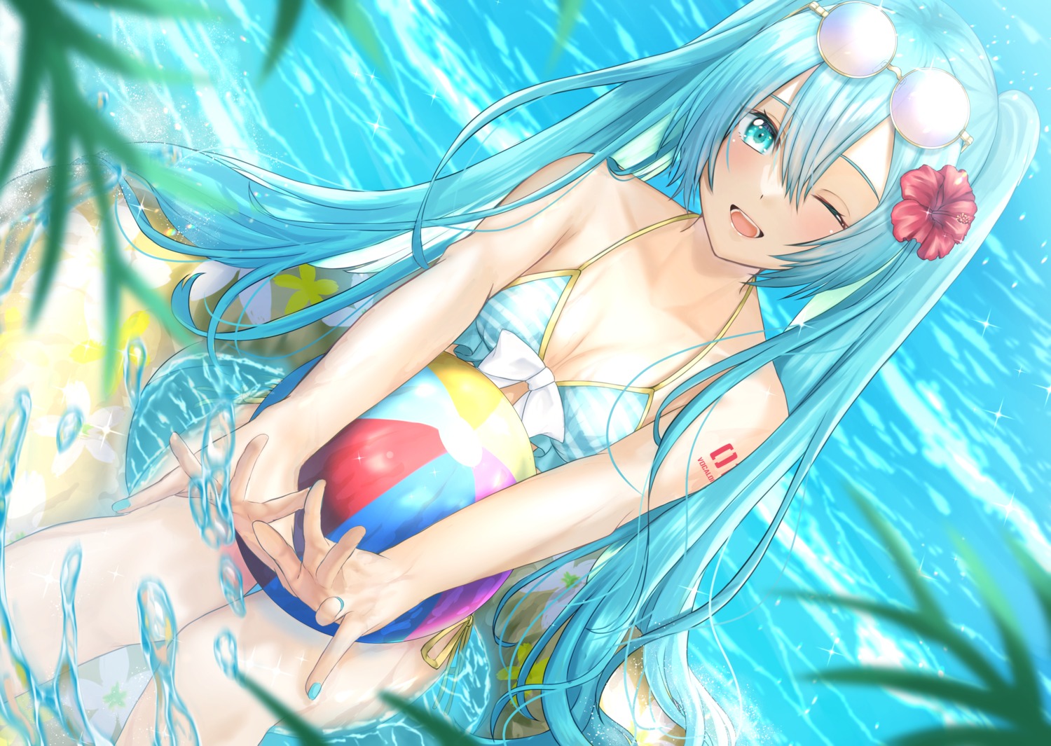 bikini, hatsune_miku, megane, nei, swimsuits, tattoo, vocaloid, wet