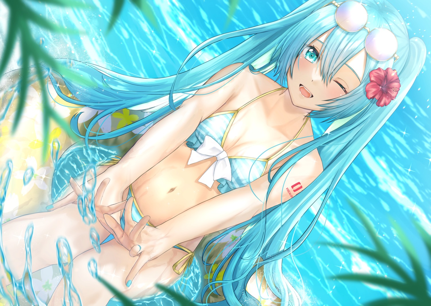 bikini, hatsune_miku, megane, nei, swimsuits, tattoo, vocaloid, wet