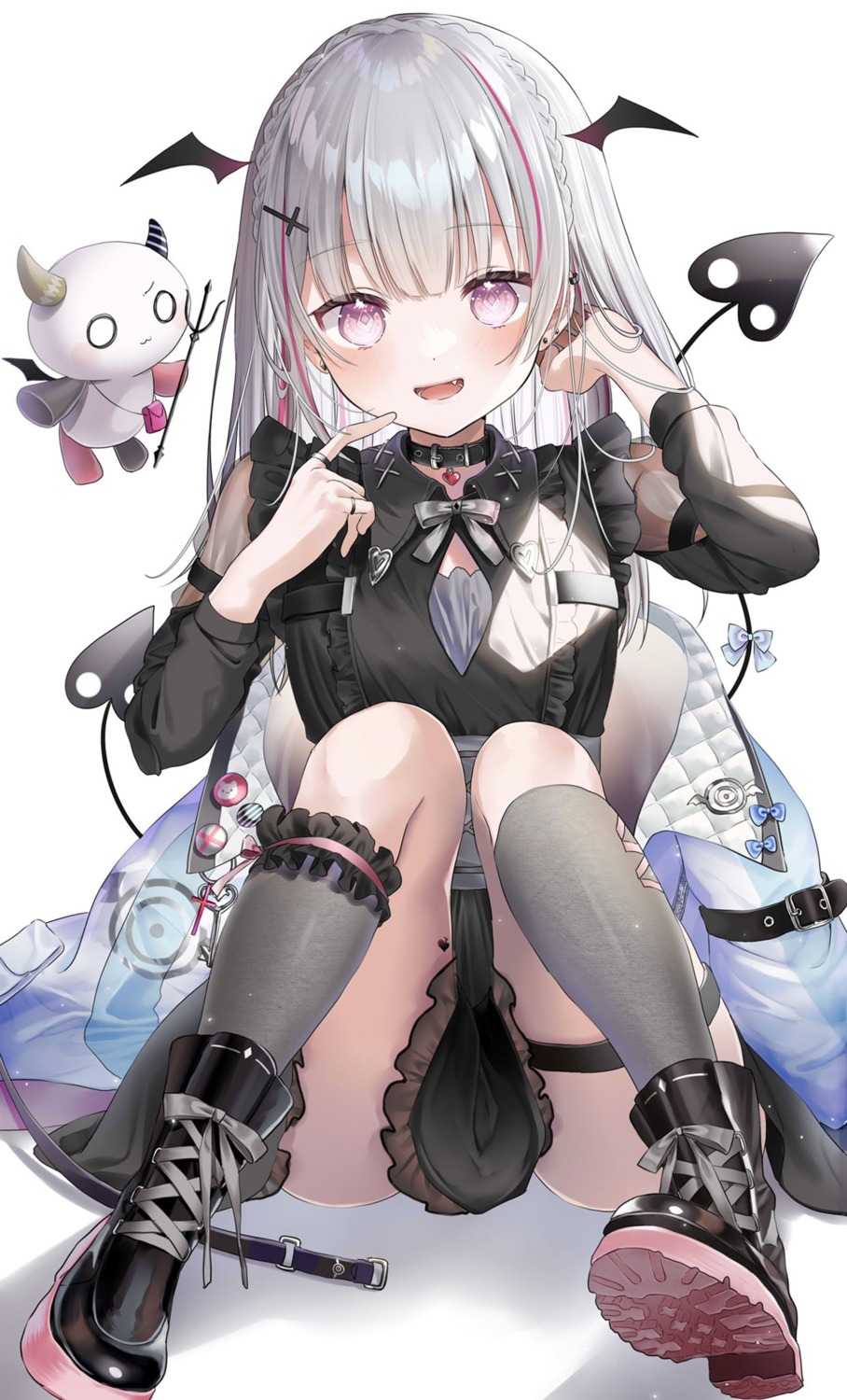 dress, garter, horns, pome_tarou, tail, weapon