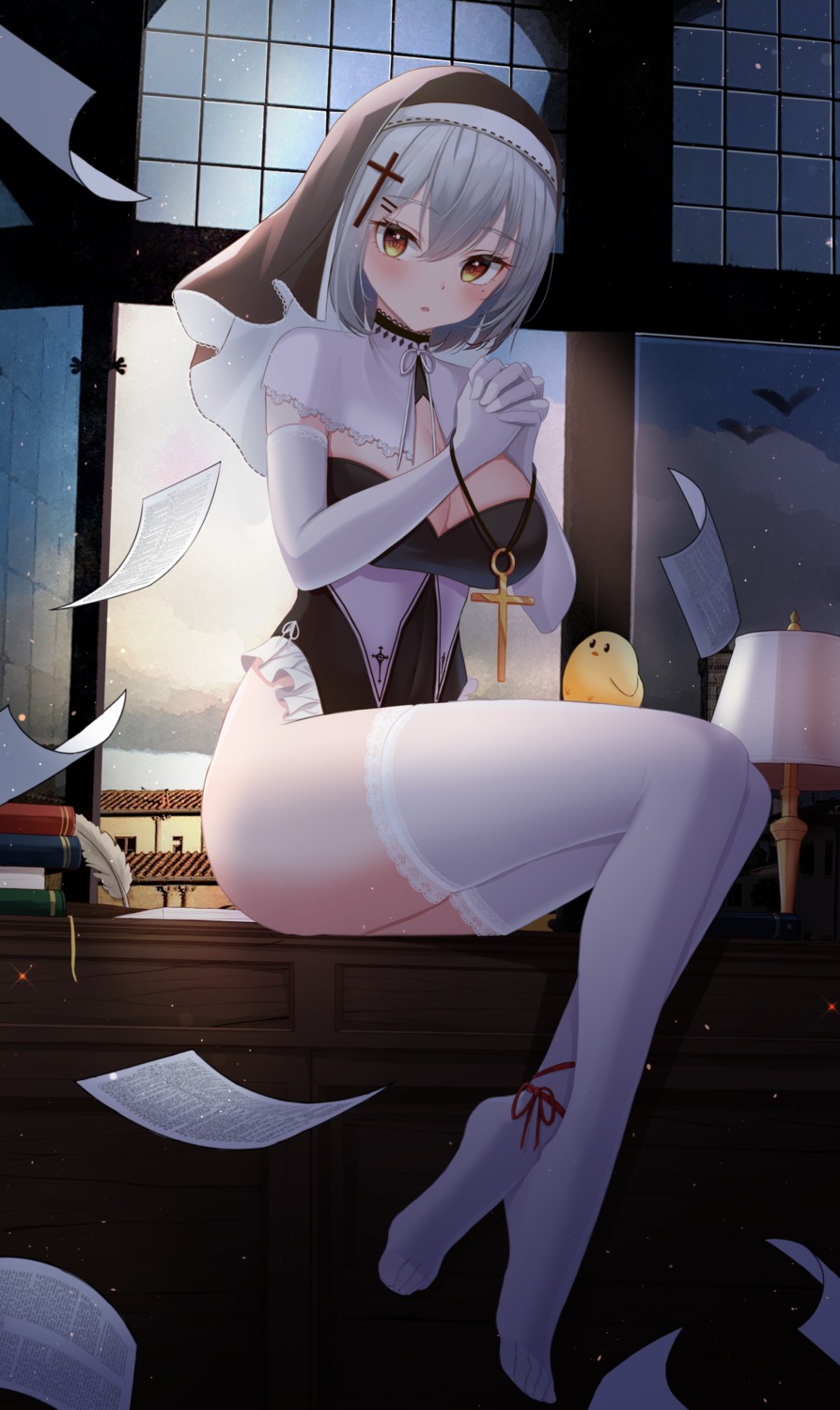 jayamon, leotard, nun, thighhighs