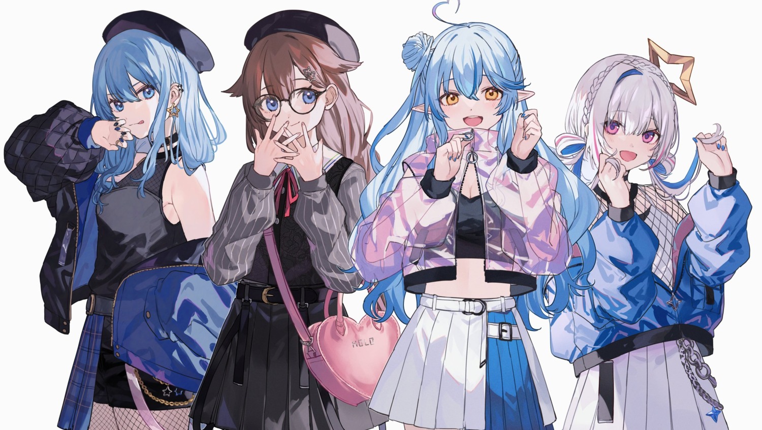 amane_kanata, elf, fishnets, halo, hololive, hoshimachi_suisei, megane, pantyhose
