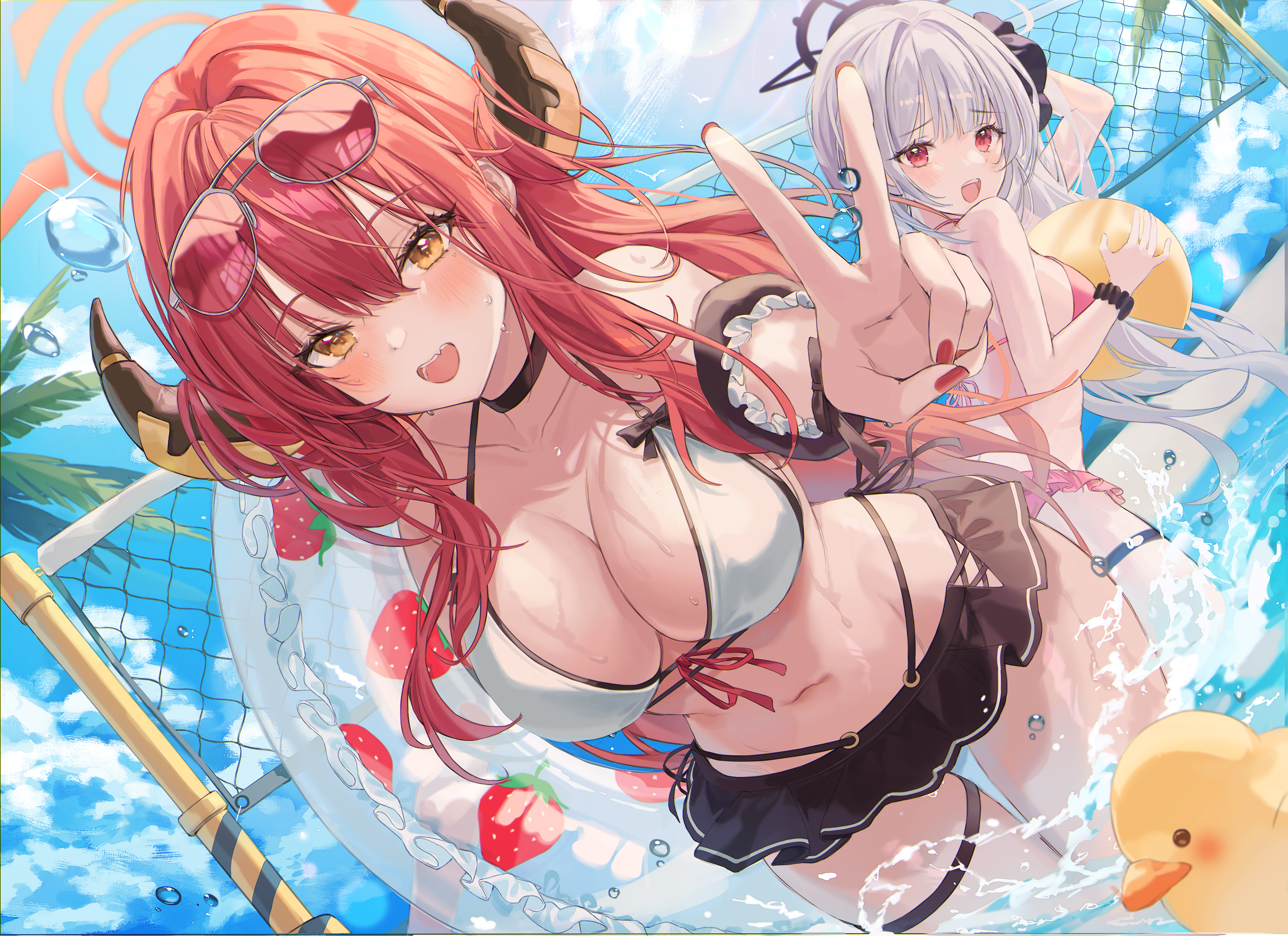 asagi_mutsuki, bikini, blue_archive, garter, halo, horns, lujang_(fudge), megane, rikuhachima_aru, see_through, swimsuits, wet