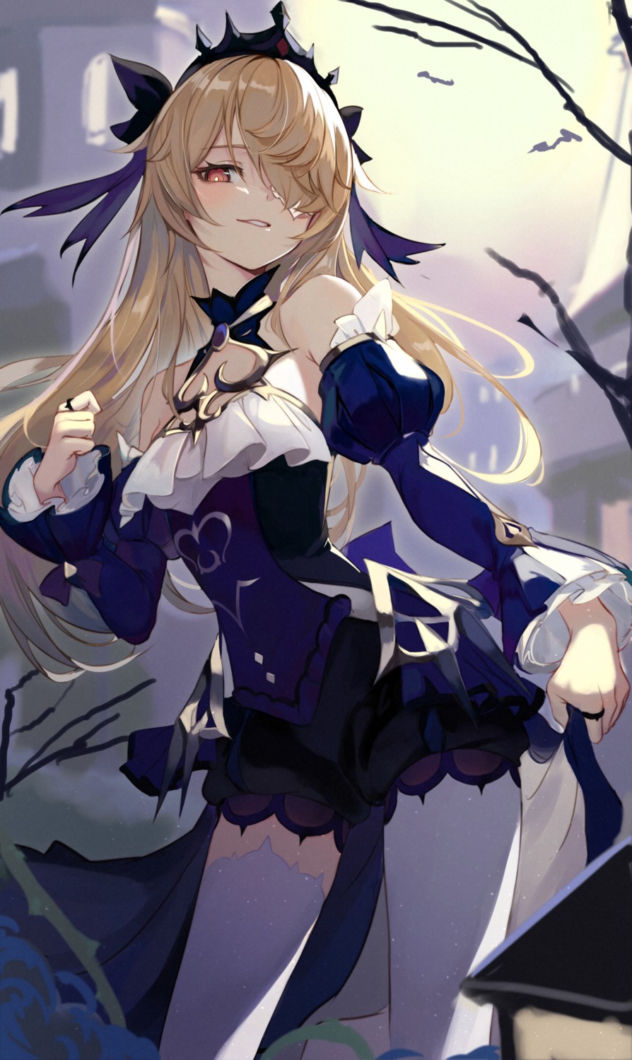 dress, eyepatch, fischl, genshin_impact, lumo_1121, no_bra, thighhighs