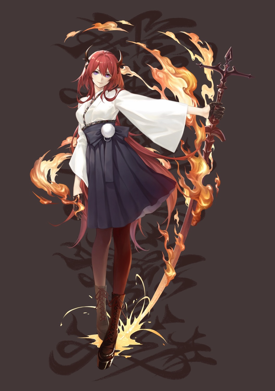 arknights, horns, japanese_clothes, pantyhose, surtr_(arknights), sword, welllllll