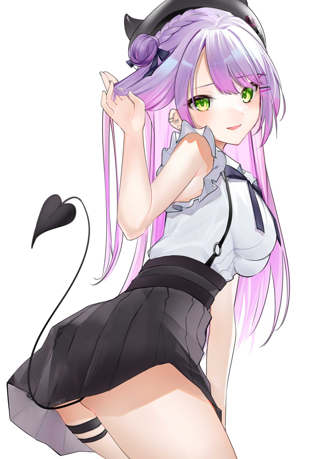 amaimomo, garter, hololive, horns, skirt_lift, tail, tokoyami_towa