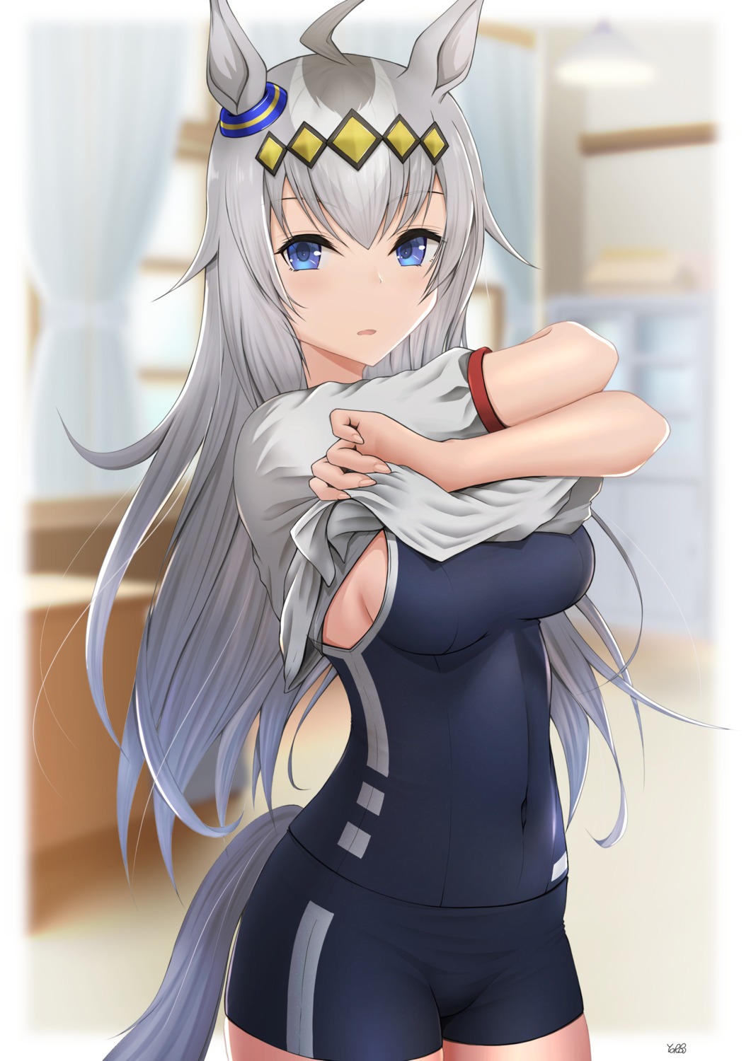 animal_ears, gym_uniform, no_bra, oguri_cap_(umamusume), oryou_gunsou, school_swimsuit, shirt_lift, swimsuits