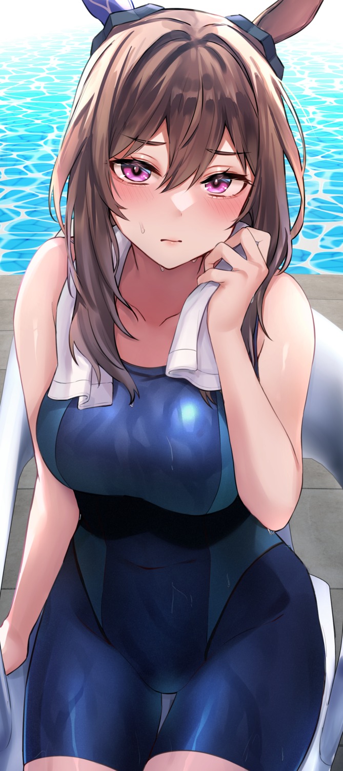 admire_vega_(umamusume), animal_ears, az_nyam, school_swimsuit, swimsuits, towel, uma_musume_pretty_derby, wet