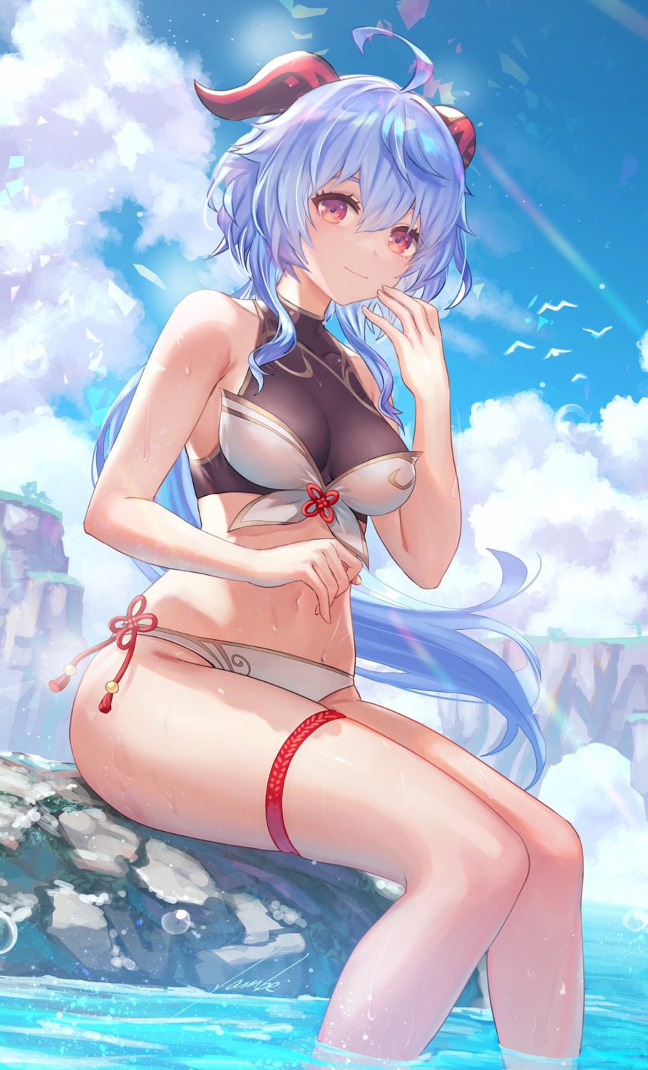 ambe_yoshiro, bikini, ganyu, garter, genshin_impact, horns, swimsuits, wet
