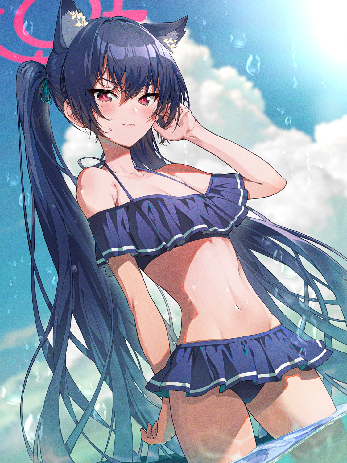 animal_ears, bikini, blue_archive, halo, kabu_(niniko2ko), kuromi_serika, nekomimi, swimsuits, wet