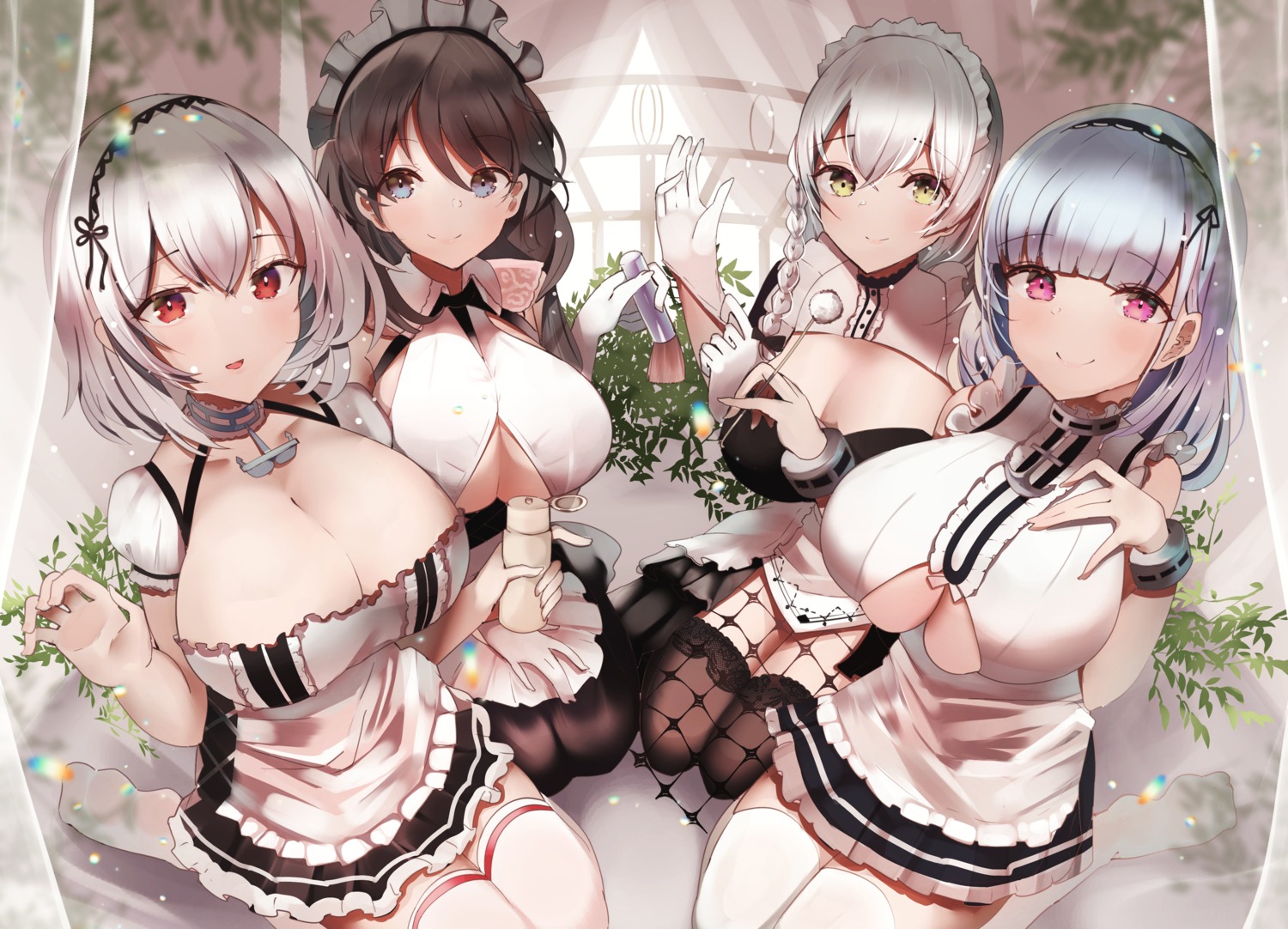 azur_lane, breast_hold, charybdis_(azur_lane), dido_(azur_lane), elroud0050, fishnets, hermione_(azur_lane), maid, no_bra, sirius_(azur_lane), thighhighs
