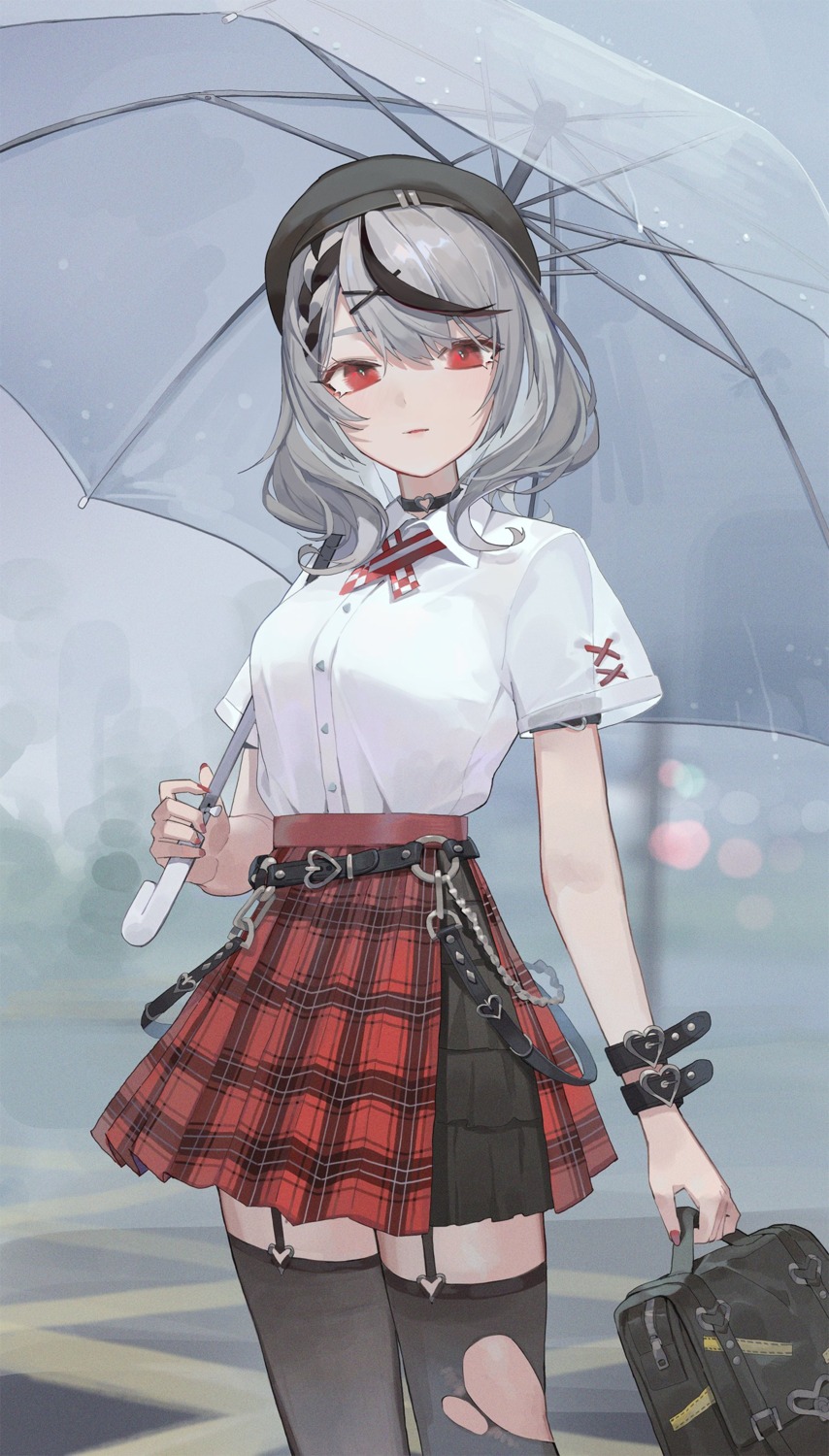 hololive, lser116, sakamata_chloe, seifuku, stockings, thighhighs, torn_clothes, umbrella