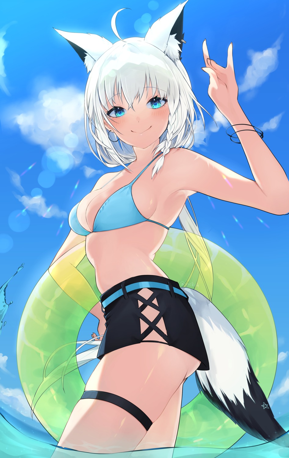 amatai_(yyiksh), animal_ears, bikini_top, garter, hololive, hololive_gamers, kitsune, shirakami_fubuki, swimsuits, tail, wet