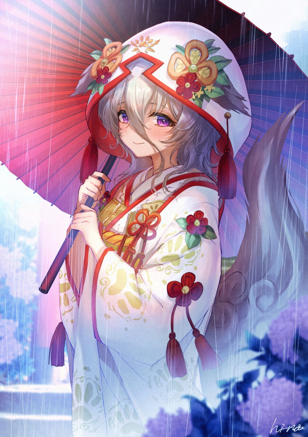 animal_ears, hi-na1, japanese_clothes, sennen_sensou_aigis, tail, umbrella