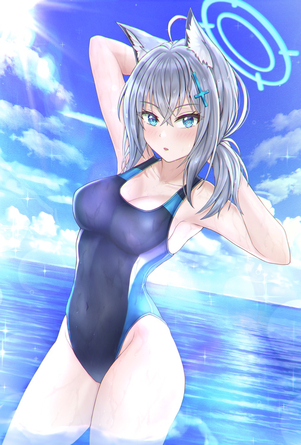 animal_ears, blue_archive, cleavage, halo, nekomimi, reneua, sunaookami_shiroko, swimsuits