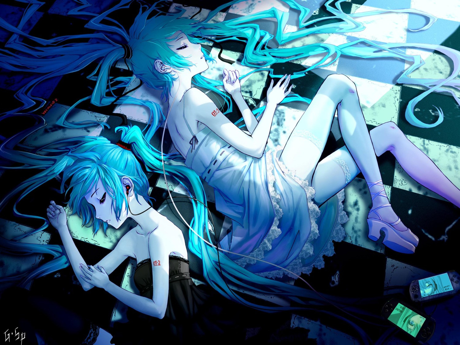 dress, g_scream, hatsune_miku, headphones, last_night_good_night_(vocaloid), thighhighs, vocaloid