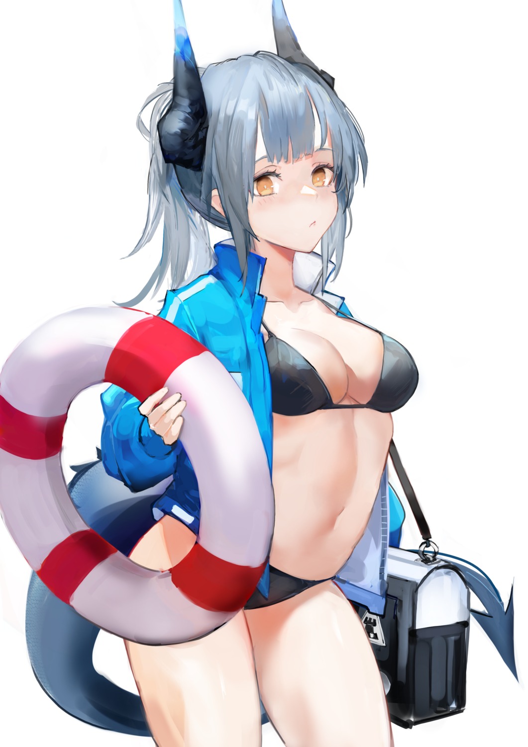 arknights, bikini, gnai, horns, liskarm_(arknights), open_shirt, swimsuits, tail