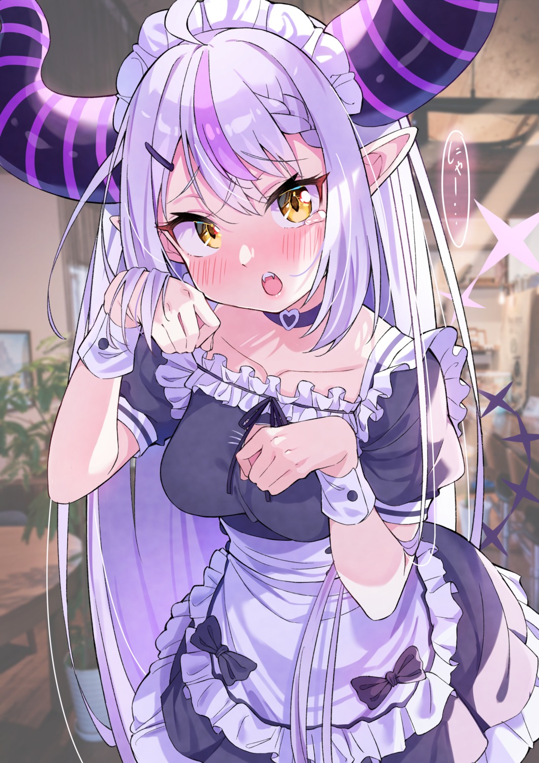 green_tea, hololive, horns, la+_darknesss, maid, pointy_ears, tail, waitress