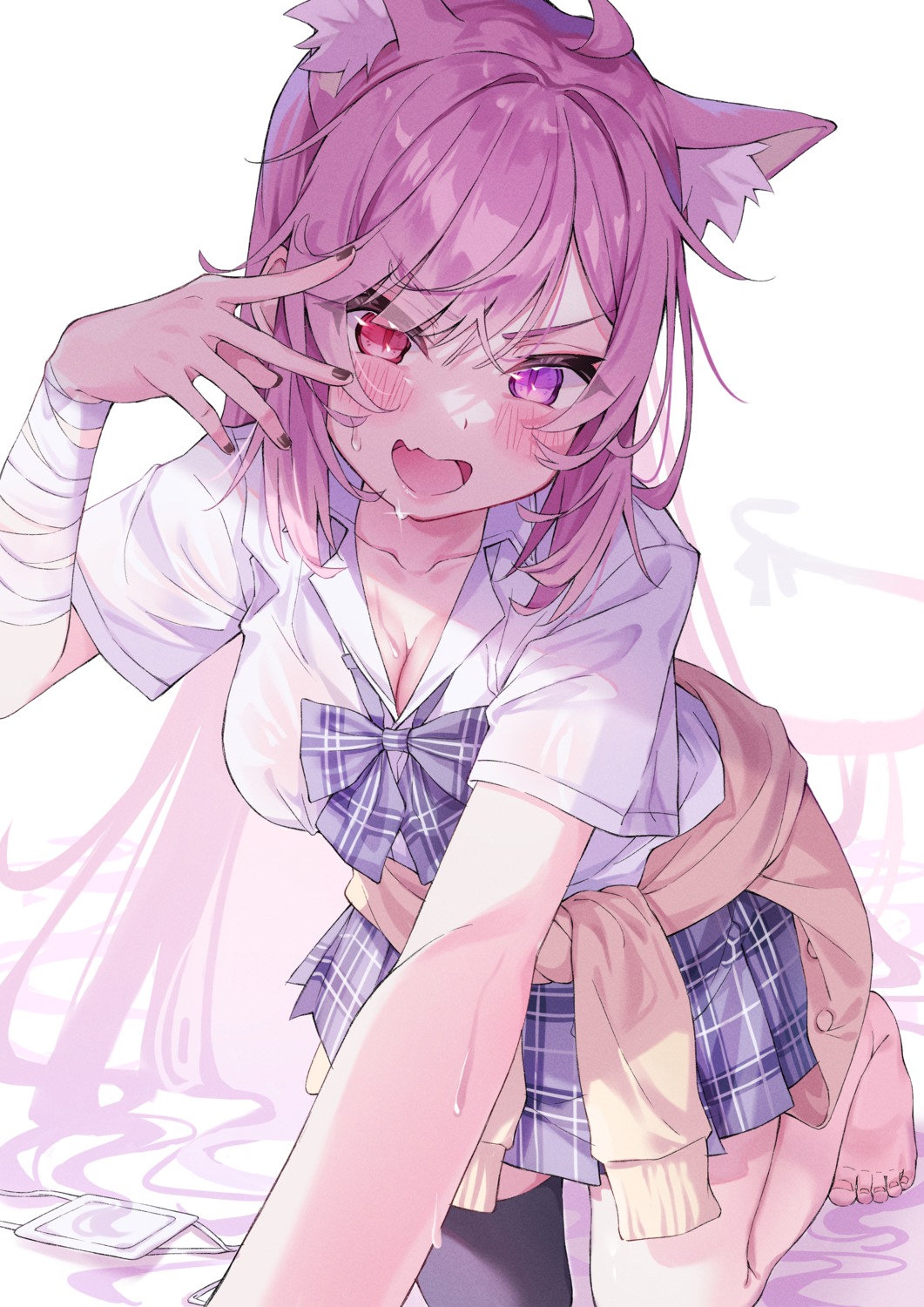 animal_ears, bandages, cleavage, green_tea, heterochromia, indie_virtual_youtuber, mikeneko_(vtuber), nekomimi, see_through, seifuku, sweater, thighhighs, wet_clothes