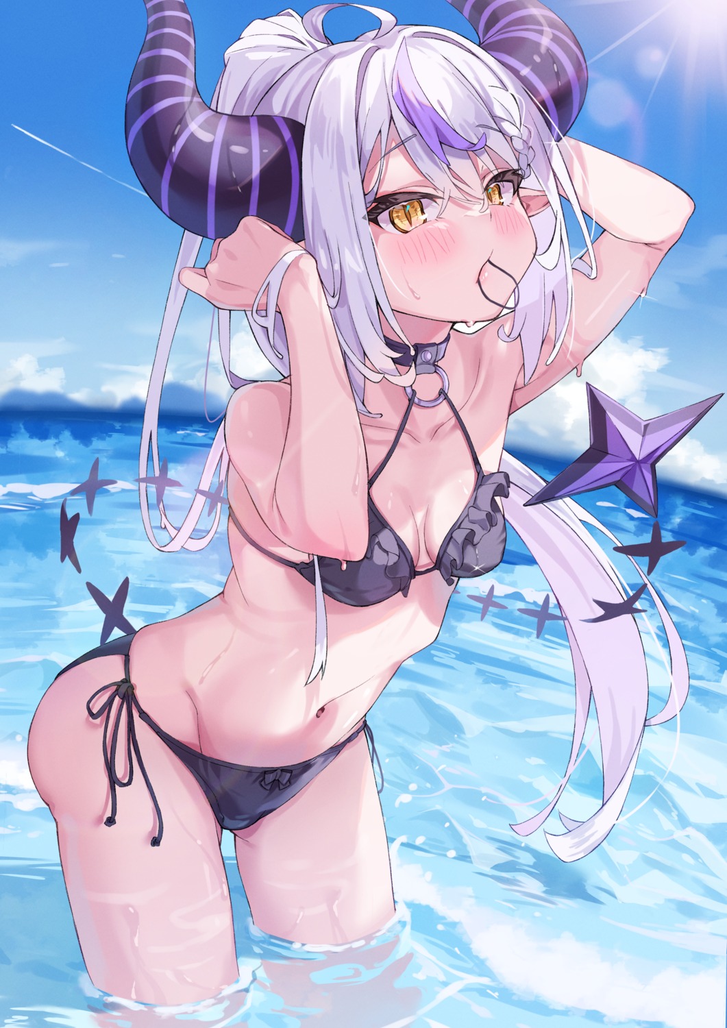 bikini, green_tea, hololive, la+_darknesss, pointy_ears, swimsuits, tail, wet