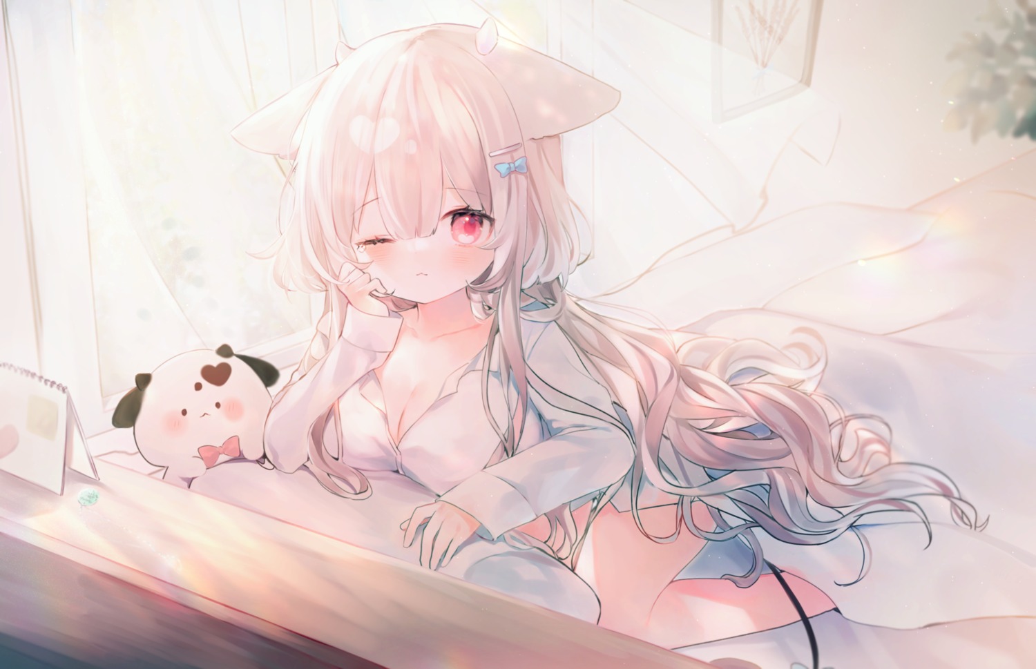 animal_ears, cleavage, dress_shirt, sheets, simio_rou