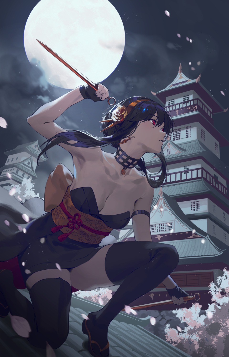 fajyobore, japanese_clothes, no_bra, spy_x_family, thighhighs, weapon, yor_briar