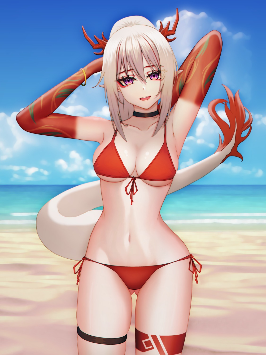 absurd_fox, arknights, bikini, garter, horns, nian_(arknights), pointy_ears, swimsuits