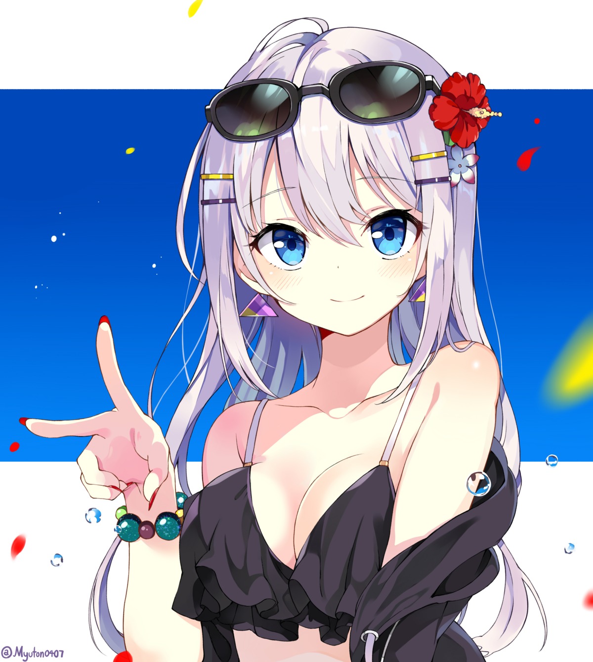 bikini_top, cleavage, megane, myuton, open_shirt, swimsuits
