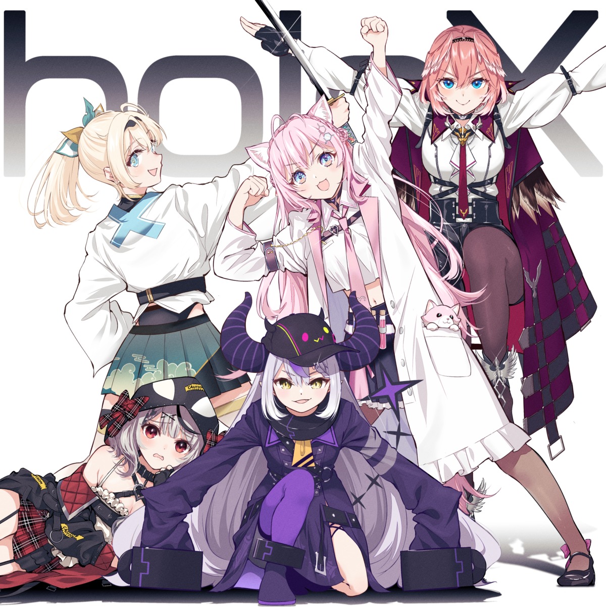 animal_ears, cleavage, dragon_ball, hakui_koyori, hololive, horns, japanese_clothes, kazama_iroha, la+_darknesss, oshiba_ken, pantyhose, parody, pointy_ears, sakamata_chloe, stockings, sword, tail, takane_lui, thighhighs, wings