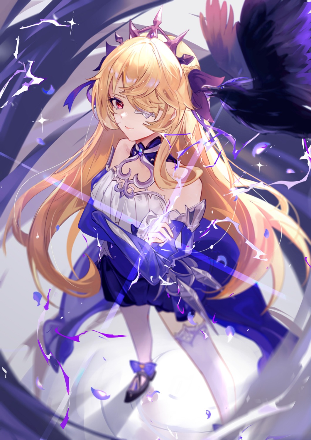 dress, eyepatch, fischl, genshin_impact, stockings, thighhighs, vardan