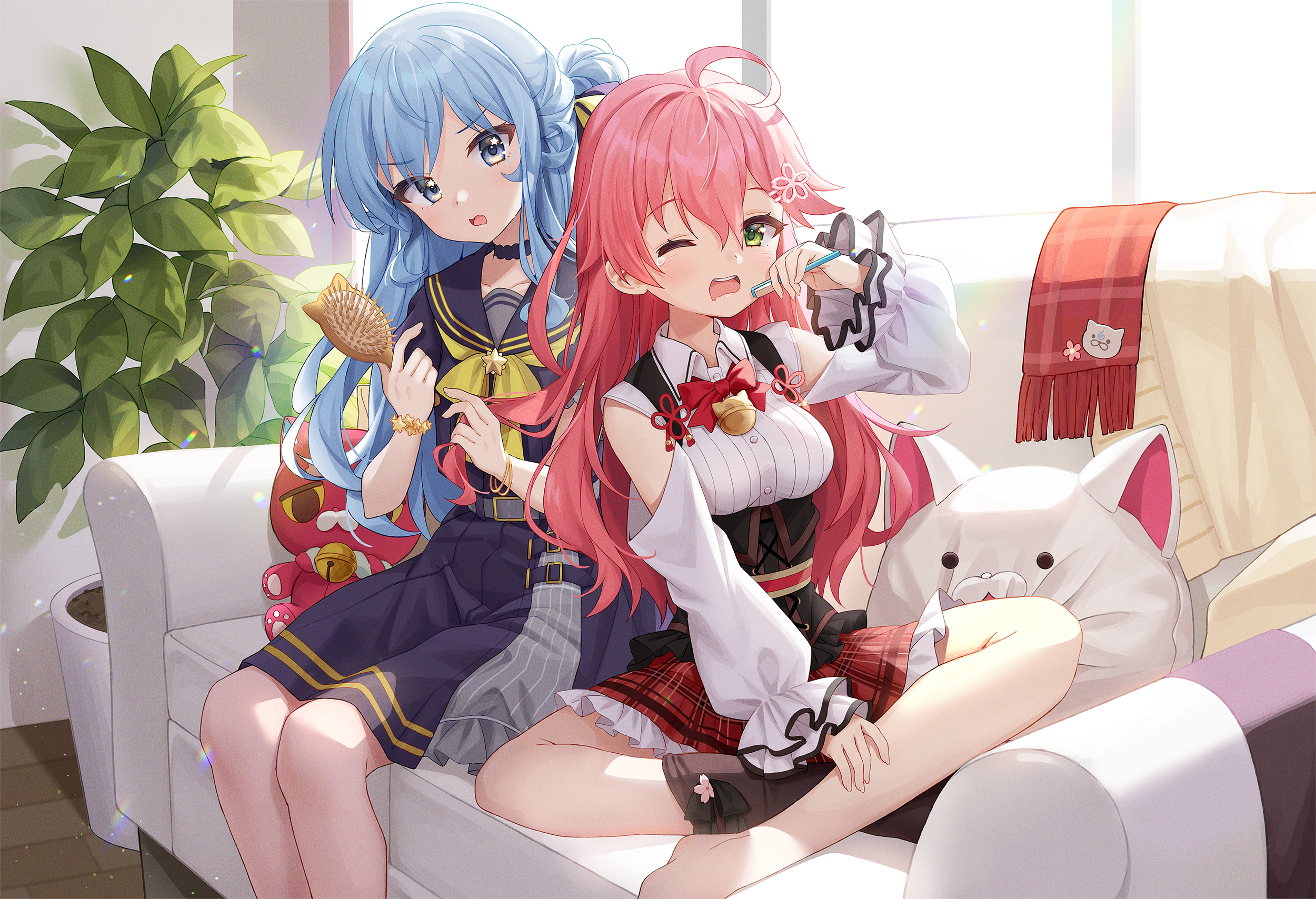 chobi_(penguin_paradise), hololive, hoshimachi_suisei, sakura_miko, seifuku