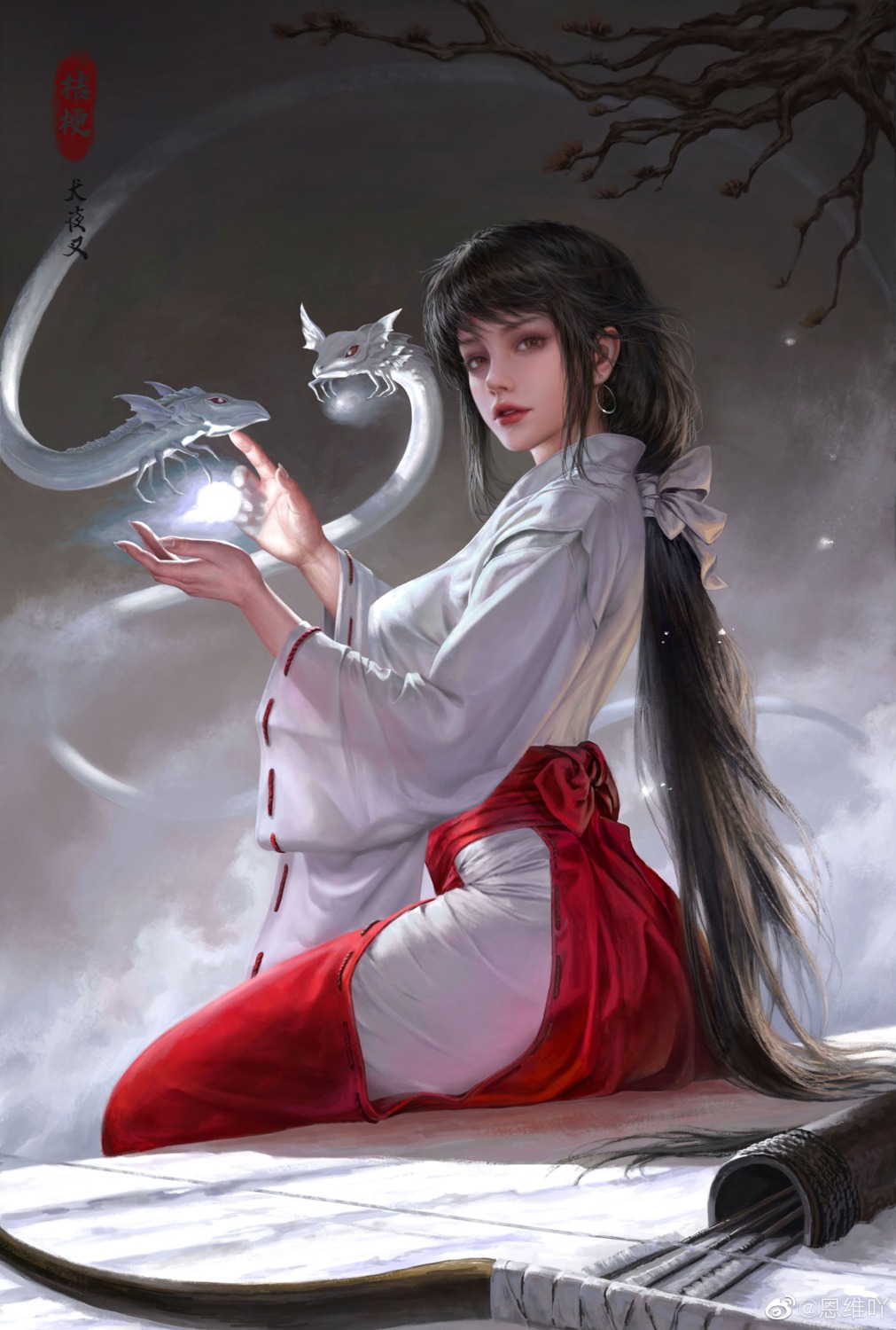 inuyasha, jiayuan_song, kikyou_(inuyasha), miko, monster, watermark, weapon