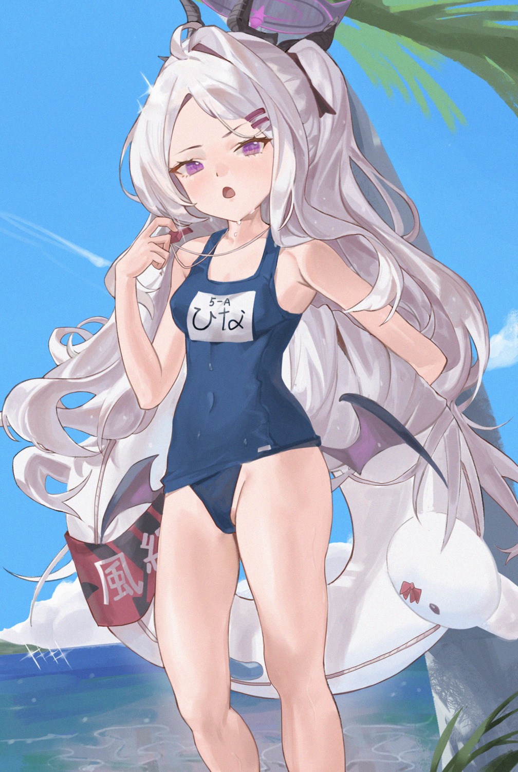 blue_archive, devil, halo, horns, jia_ma, school_swimsuit, sorasaki_hina, swimsuits, wings