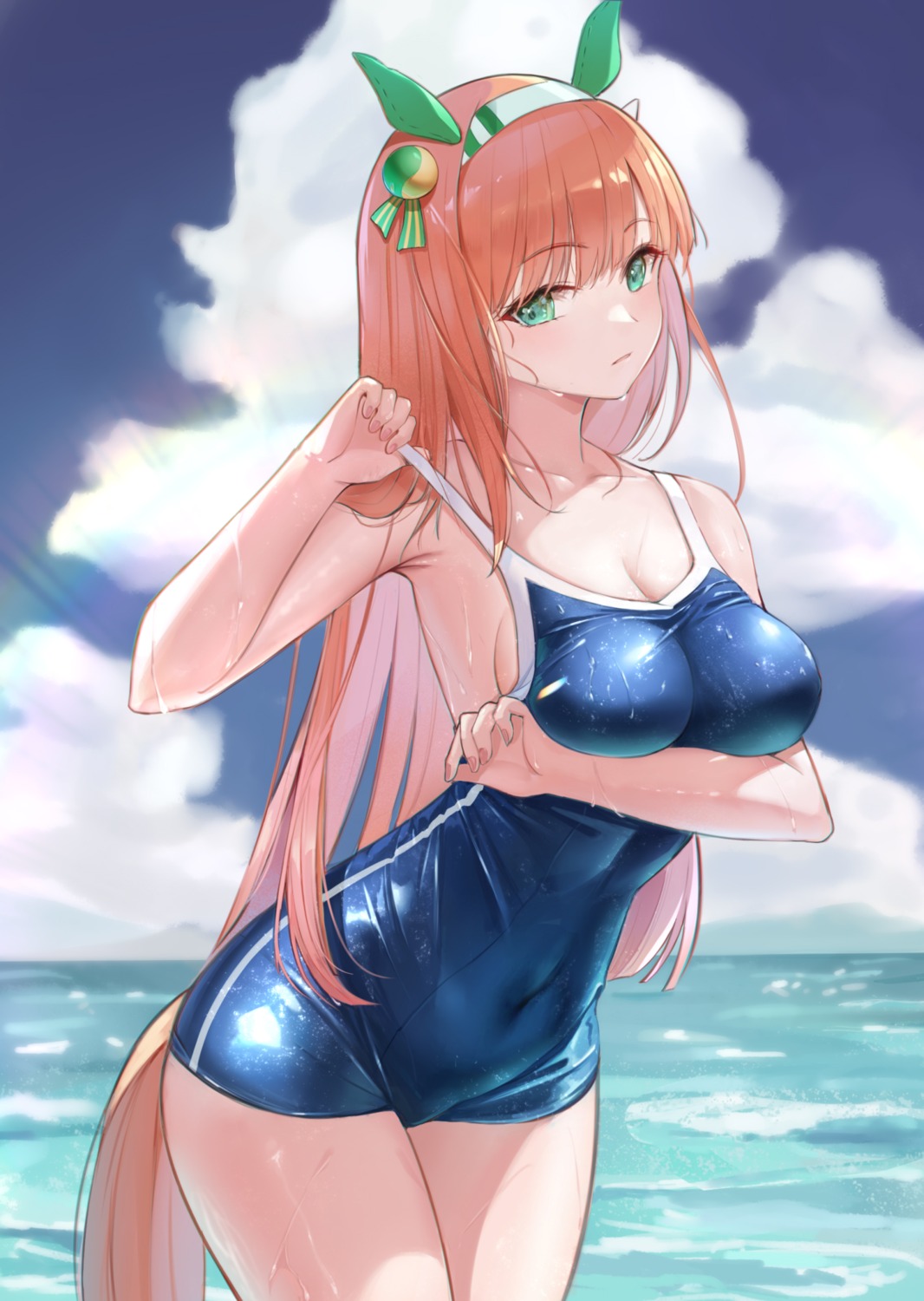amco, animal_ears, breast_hold, cleavage, school_swimsuit, silence_suzuka_(umamusume), swimsuits, uma_musume_pretty_derby