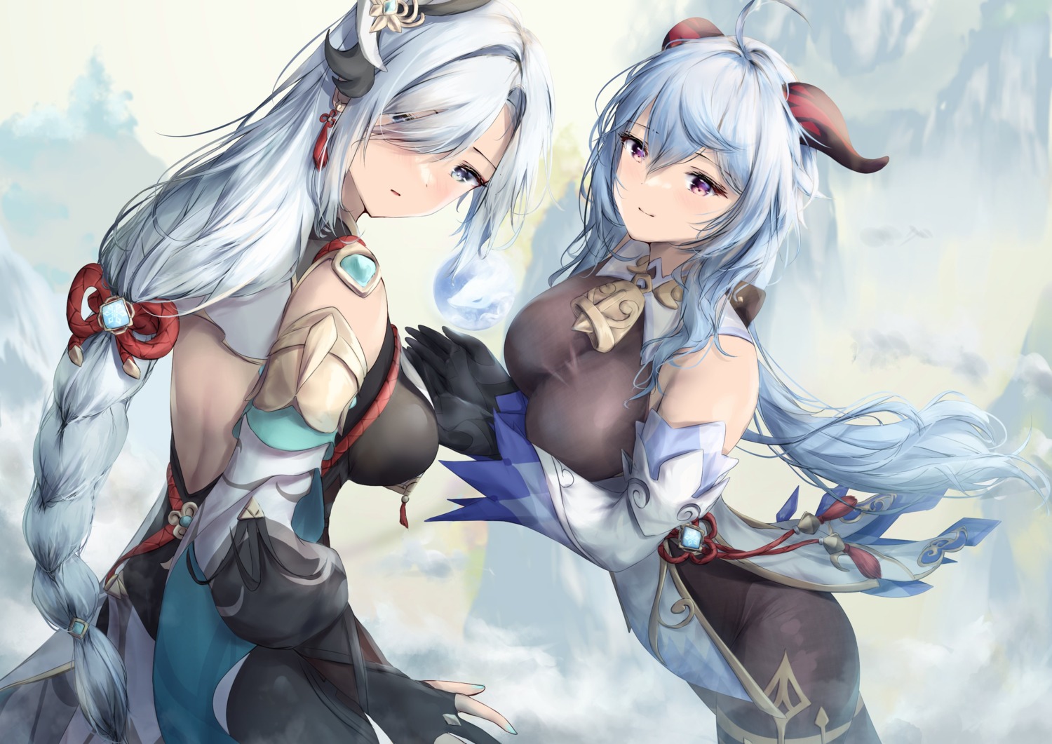 asian_clothes, bodysuit, ganyu, genshin_impact, horns, kagi_(dicedkey), leotard, pantyhose, shenhe
